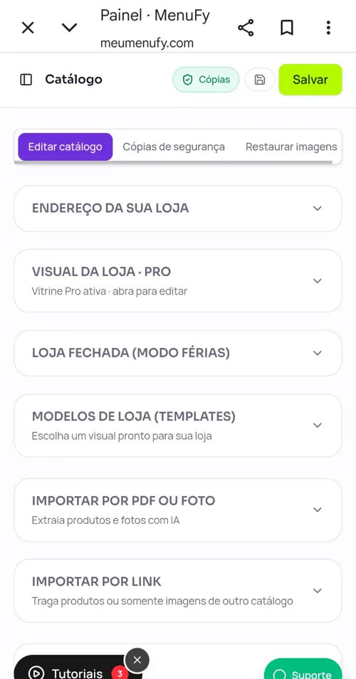 Catálogo organizado em blocos