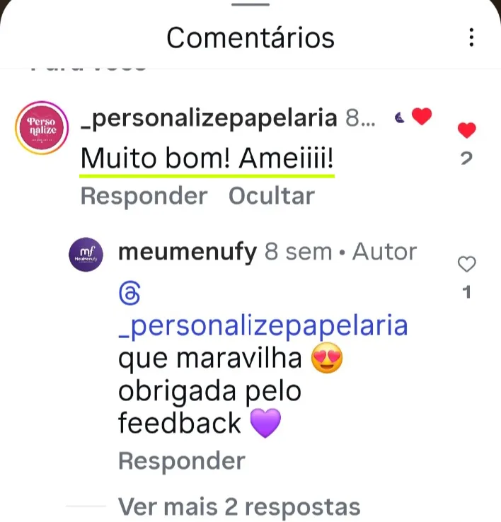 Comentário real de lojista sobre o MeuMenuFy