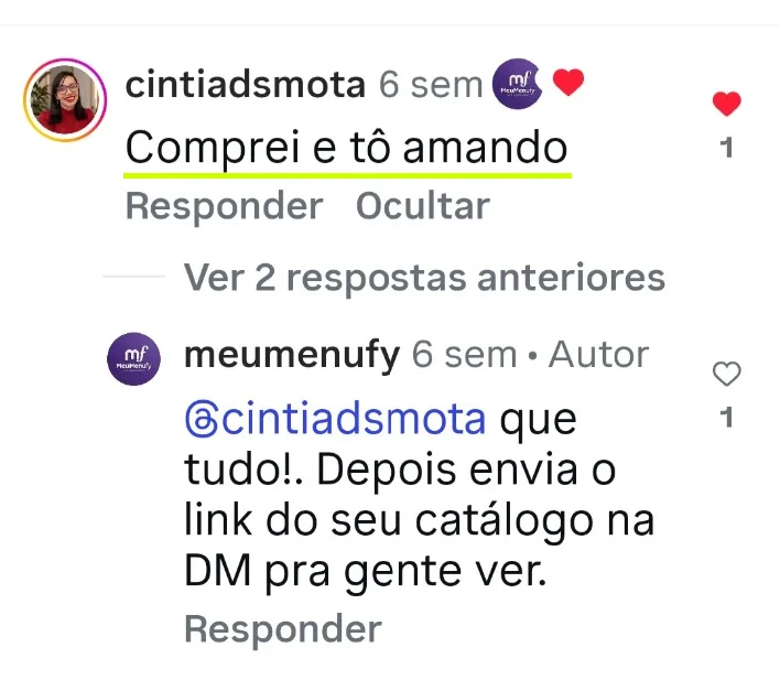 Comentário real de lojista sobre o MeuMenuFy